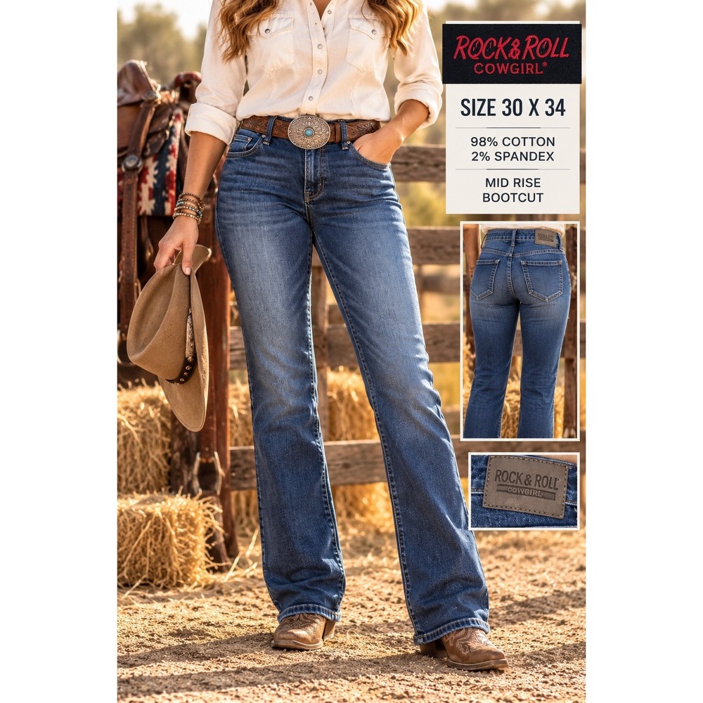 Rock & Roll Cowgirl Mid Rise Trouser Bootcut Jeans Dark Wash 30x34